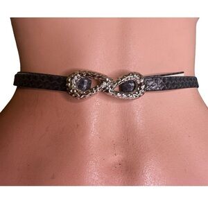 Vintage Leather Gray Skinny Belt with Dimpled Silver Metal Clasp